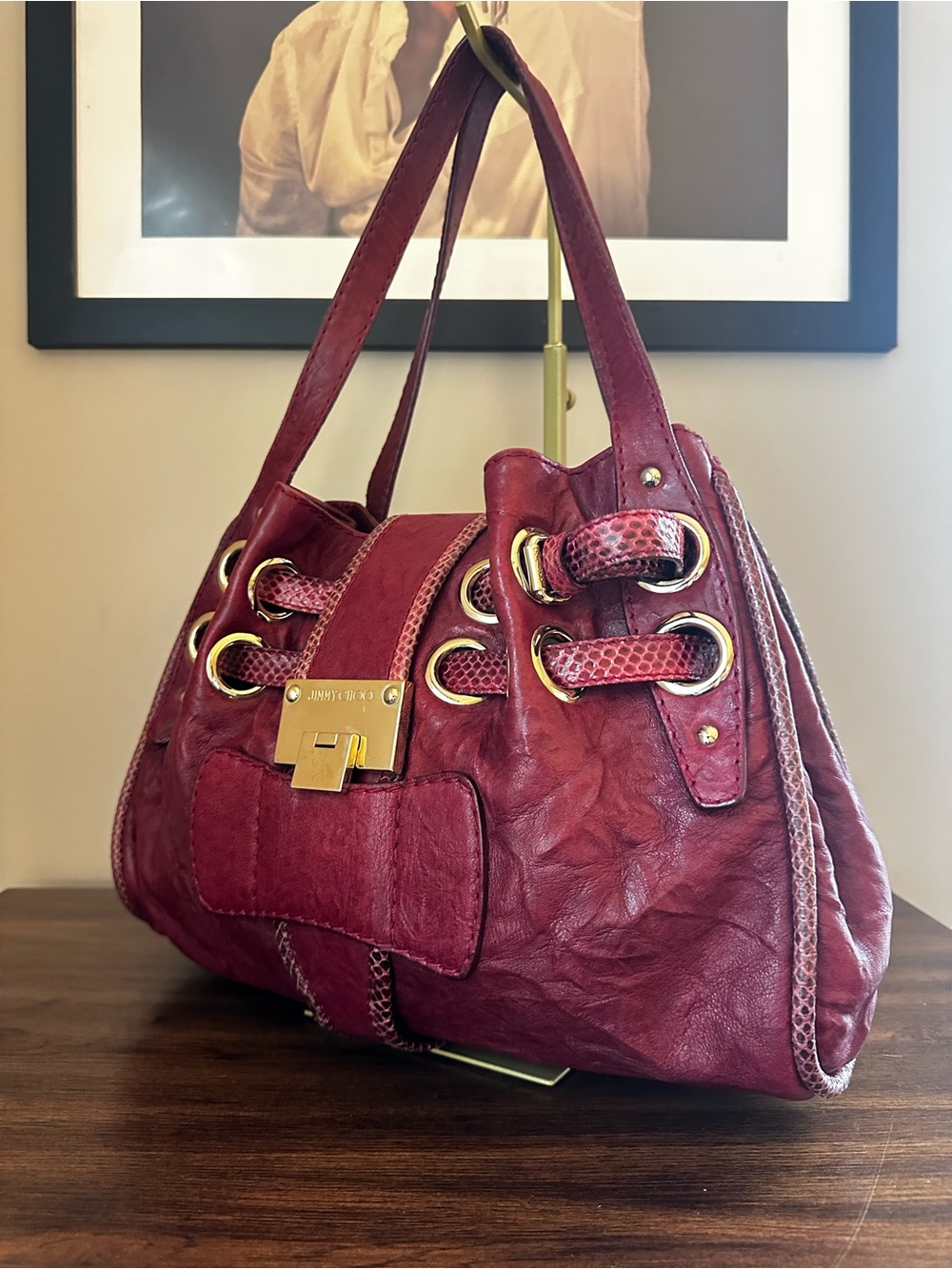 Jimmy Choo Ramona Red Leather & Snakeskin Shoulder Bag